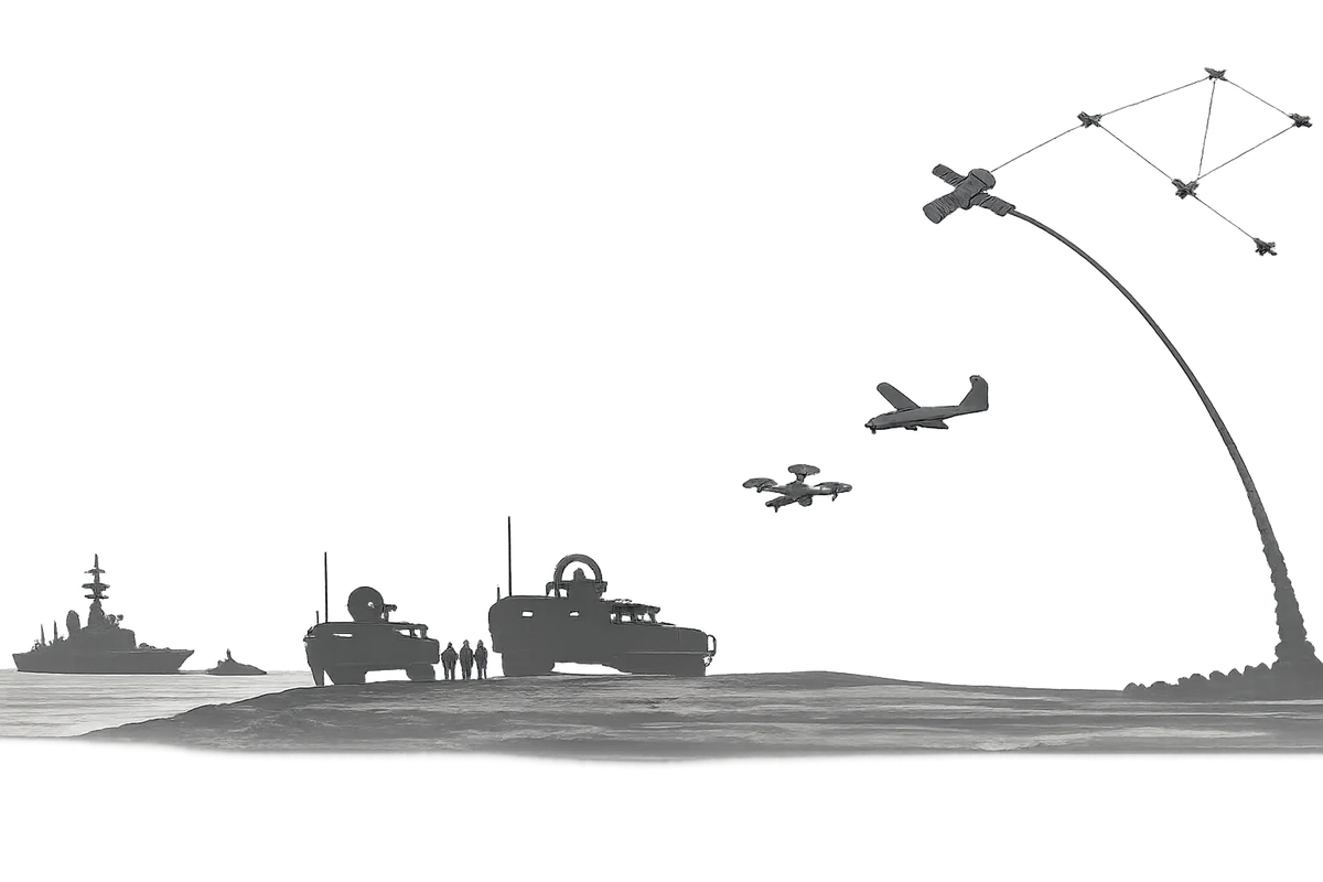 Illustration of integrated mission systems across sea, land, air, and space